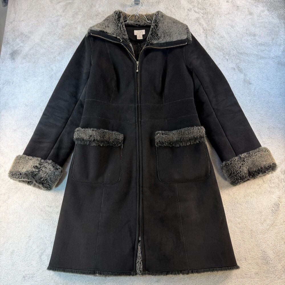 Ann Taylor LOFT Faux Shearling Long Coat Women 6 Black Plush Zip